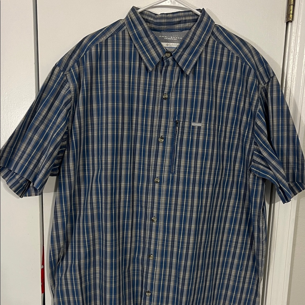 Columbia Blue and Tan Plaid Casual Shirt